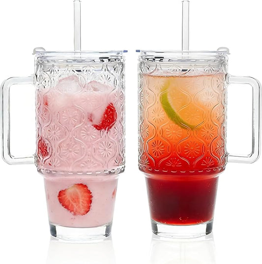 24oz Glass Tumbler with Lids and Straws Handle Iced Coffee Glass Tumbler with Leak Proof Lid Begonia Vintage Drinking Glass Set of 2 for Juice Smoothie Tea