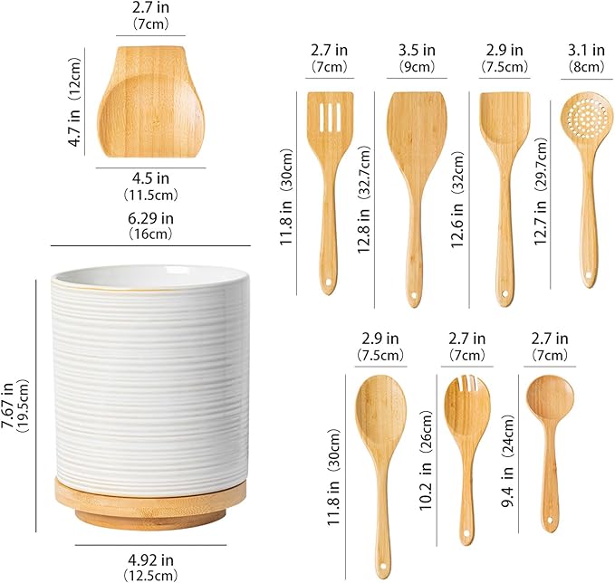 Utensil Holder, Ceramic Kitchen Spatula Holder For Countertop 9-Pcs Set with Spatula, 7.6" Large Utensil Organizer for Spoon, 360° Rotating Cooking Utensil Crocks Farmhouse Kitchen Counter Decor White