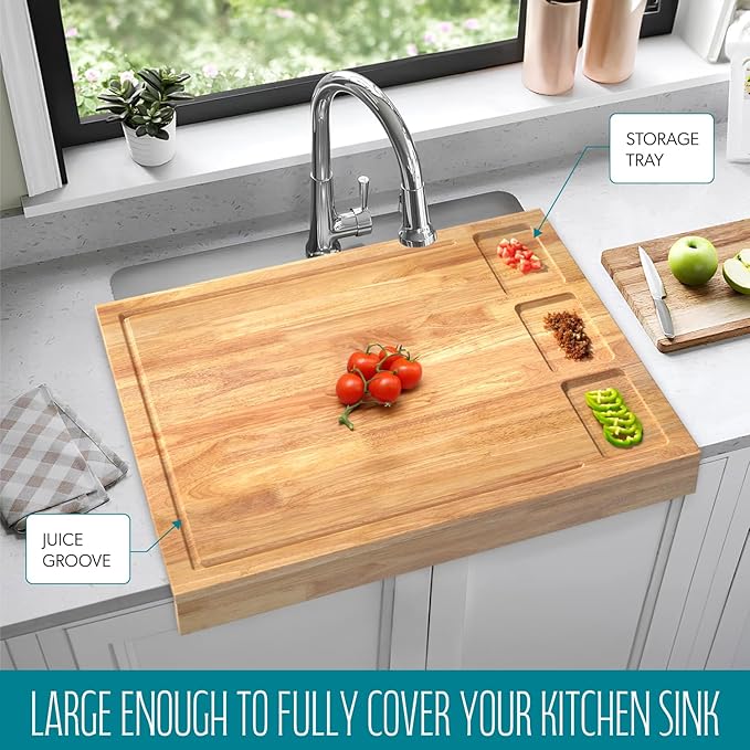 Extra Large Solid Wooden Cutting Board and Stovetop Cover, 3 in 1 Stove Top Cover Chopping Board with Detachable Legs and Juice Groove, Sink Cover Board (1, Light Brown)