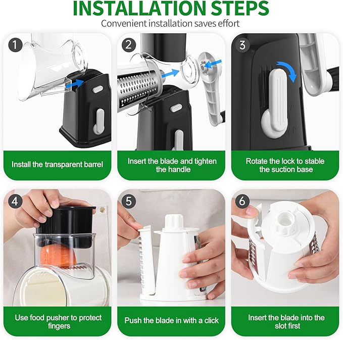 Ourokhome Rotary Cheese Grater Cheese Shredder with 5 Interchangeable Blades, Rotary Grater with Non-slip Suction Base Hand Crank Slicer for Vegetable Nuts Black