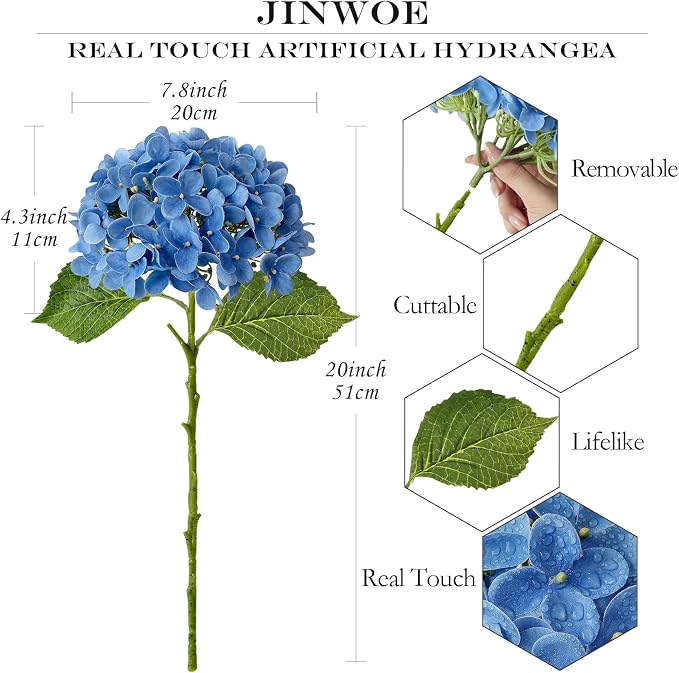 JINWOE Savoy Blue Boho Artificial Hydrangeas Flowers, 4Pcs 20" Real Touch Lifelike Silk Artificial Hydrangeas, Full Fake Flowers for Bouquets Table Centerpieces Spring Wedding Indoor Home