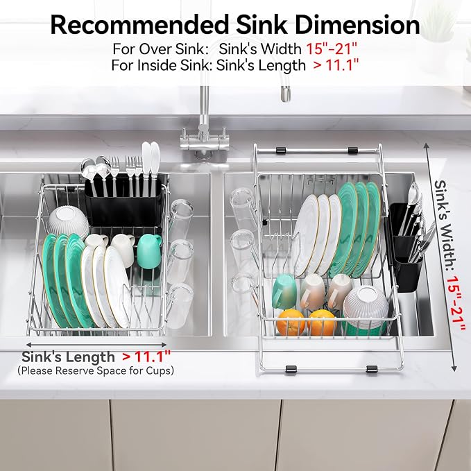 Urackify Dish Drying Rack in Sink, 304 Stainless Steel Expandable (15.35"-23.23"L) Over the Sink Dish Rack with Utensil Holder for Compact Kitchen, Space - Saving Dish Drainer for Inside Sink, Silver