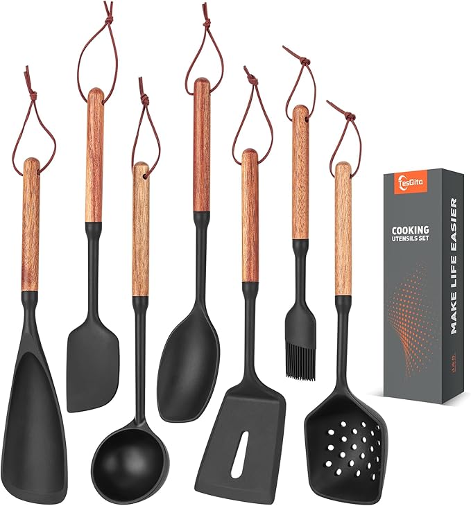 Silicone Utensils Set of 7 with Wooden Handle for Cooking&Baking,No Scratch for Nonstick Cookware,Spatula Spoon,Soup Ladle,Basting Brush,Baking Bowl Scraper,Skimmer,Slotted Spatula,BPA Free (Black)