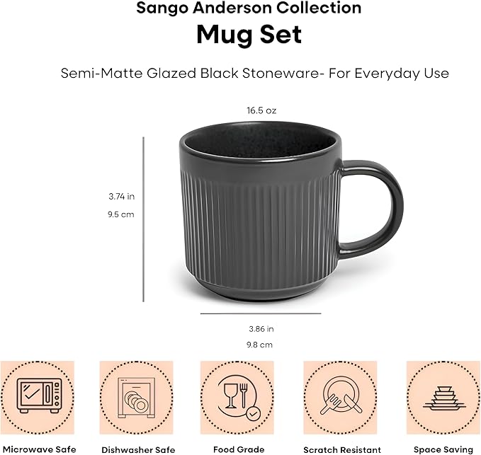 SANGO Anderson Black Coffee Mugs Set of 4, 16.5 oz Stoneware Coffee Mug Set, Big Ceramic Tea Cup with Matte Glaze for Cappuccino, Latte, Large Coffee Cups with Handle, Microwave & Dishwasher Safe