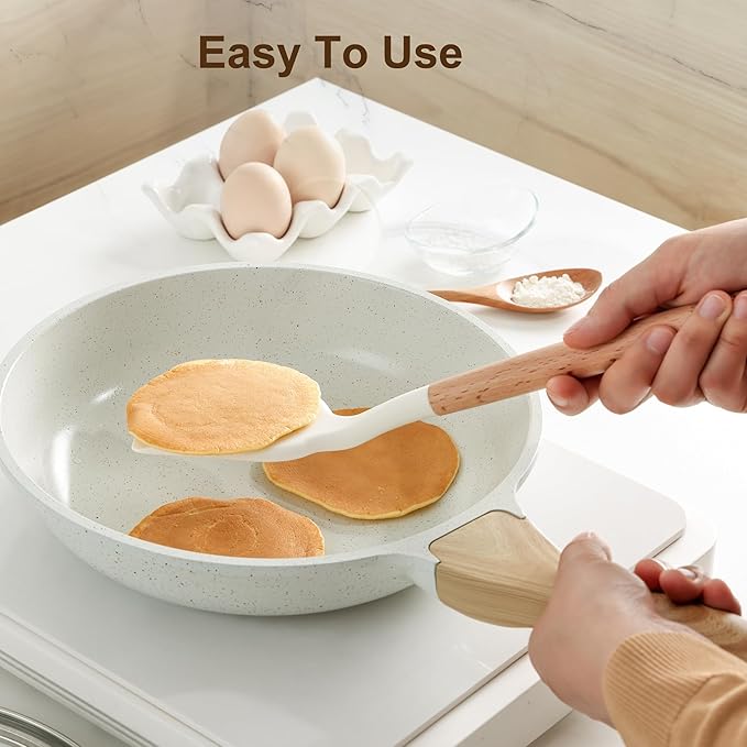 SENSARTE Kitchen Utensils 2-Piece, Silicone Cooking Utensils, Silicone Spatula and Ladle with Wooden Handle, White