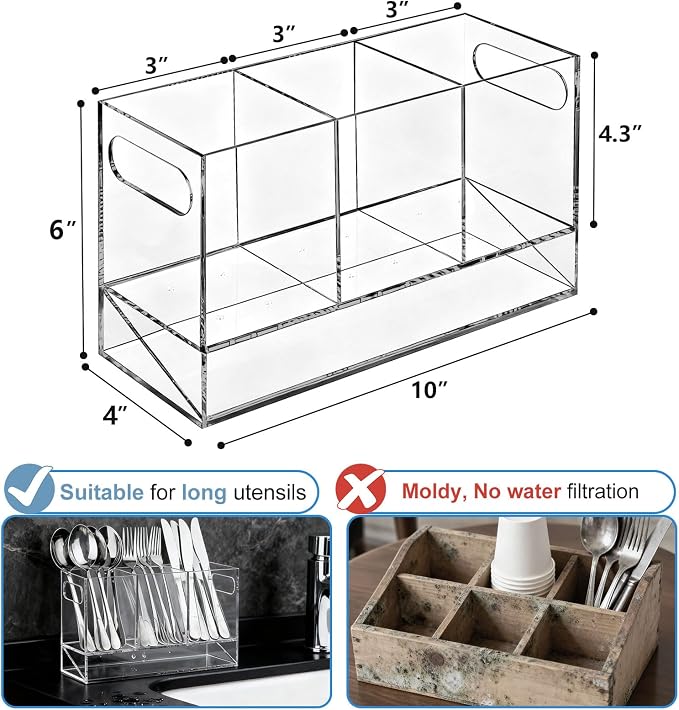 Utensil Holder, Upgrade Stainless Steel Utensil Drying Rack with Automatic Drain Tray for Kitchen Counter, Silverware Cutlery Organizer for Spoons, Forks, Knifes, Chopsticks (Clear Acrylic)
