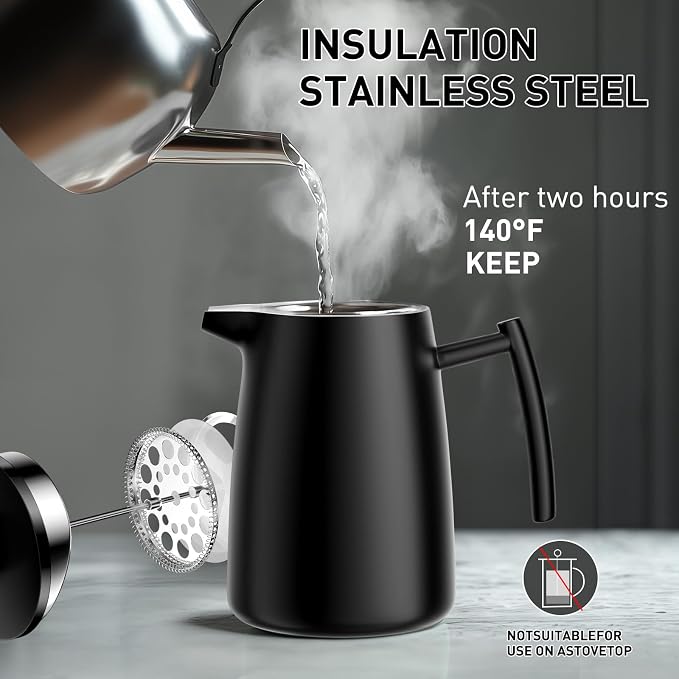Secura 50oz French Press Coffee Maker – 304 Stainless Steel, Insulated Coffee Press with Extra Filter, Black