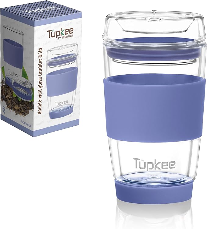 Double Wall Glass Tumbler - 8-Ounce, All Glass Hand Blown Reusable Insulated Tea/Coffee Mug & Lid, Travel Mug - Jacaranda