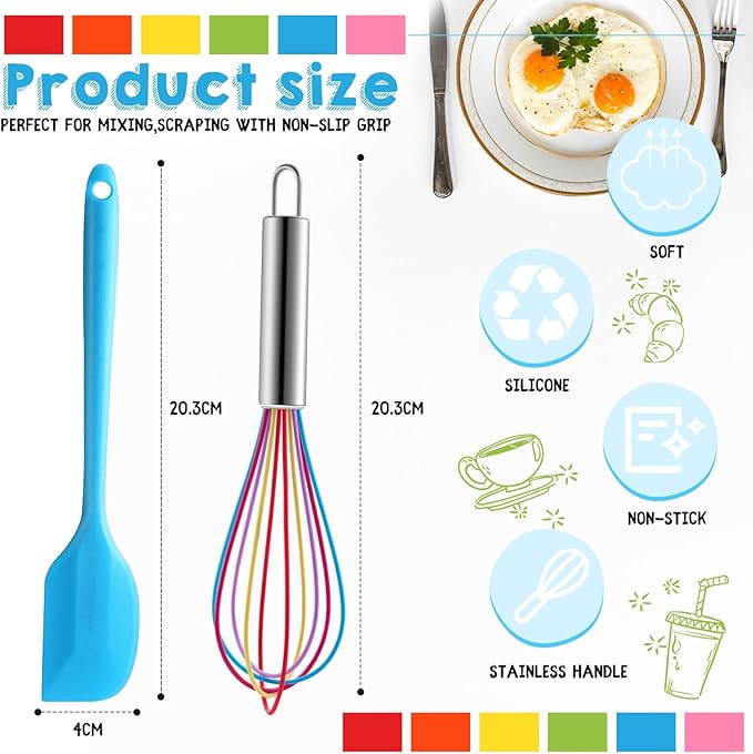 Baderke 24 Pcs Small Silicone Spatula and Whisks Set Bulk for Cooking Mini Whisk Spatula Non Stick Flexible Kitchen Baking Mixing Tool Cookware for Cooking Party Favor Gift Supplies (8 Inch)