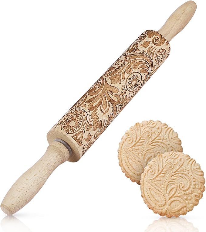 Flexzion Embossed Rolling Pins with Patterns for Baking, 7.7-inch Engraved Wooden Rolling Pin with Snowflake Flower Pattern Rolling Pin for Baking Pastry Pizza Dough Fondant Cookie Pie Crust Pasta