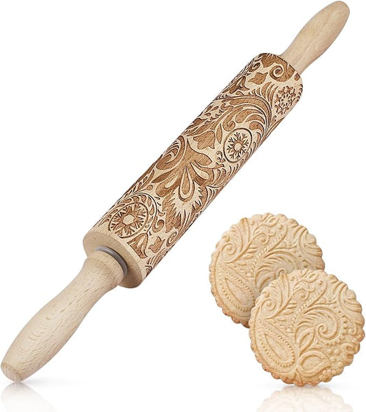 Flexzion Embossed Rolling Pins with Patterns for Baking, 7.7-inch Engraved Wooden Rolling Pin with Snowflake Flower Pattern Rolling Pin for Baking Pastry Pizza Dough Fondant Cookie Pie Crust Pasta