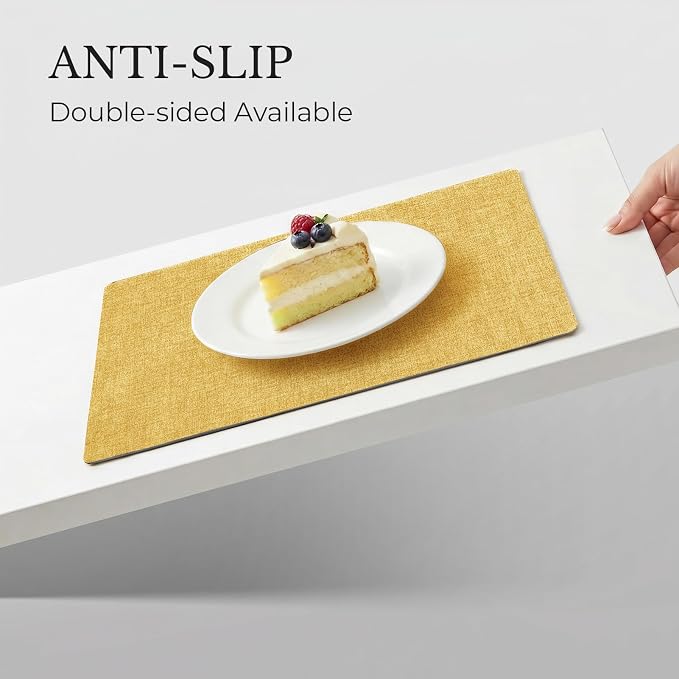 Romanstile Vinyl Placemats Set of 8, Reversible Faux Leather Heat Resistant Wipeable Table Mats, Waterproof Washable Non-Slip Table Placemats for Dining/Kitchen/Party/Outdoor (Grey Yellow, 12" x 17")