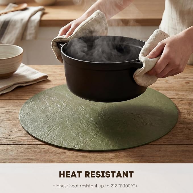 Artoid Mode Olive Green Faux Leather Placemats Set of 8, 15 Inch Waterproof Wipeable Heat Resistant Vinyl Place Mats, Reversible Table Mats for Kitchen Dining Decor