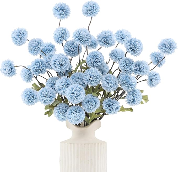DuHouse 6pcs Artificial Flowers Faux Silk Pompon Mum,Silk Small Mini Chrysanthemum Ball with Stems for DIY Wedding Bouquets Centerpieces Vase Home Table Kitchen Decorations(Sky Blue)