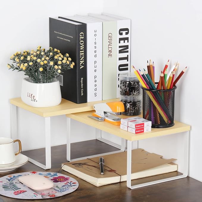 Counter Shelves Set of 4 Stackable Kitchen Cabinet Organizer Shelf and Expandable Wood Countertop Shelves for Bathroom Study Room, White