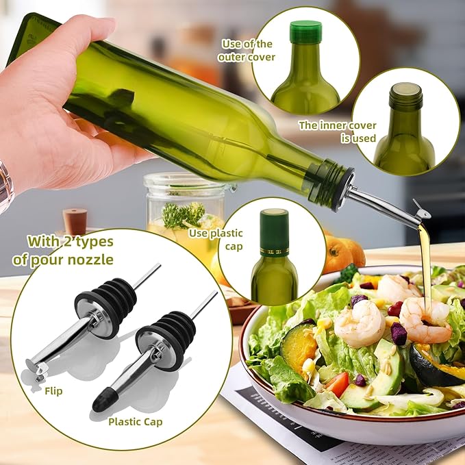 17oz 4 Pcs Olive Oil Dispenser Bottle,500ml Glass Oil and Vinegar Dispenser Set with 4 Stainless Steel Pourers, 8 Labels,Funnel Oil Bottles for Kitchen (Green)