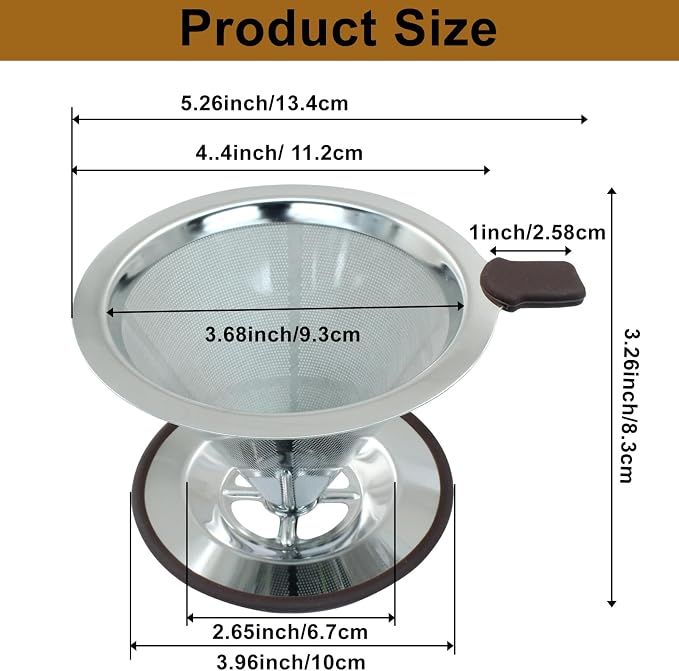 Waziaqoc Pour Over Coffee Dripper, Reusable Paperless Coffee Filter for 2-3 Cups, Stainless Steel Drip Cone Brew Coffee Strainer,Upgraded Double Micro Mesh Filter with Cup Stand