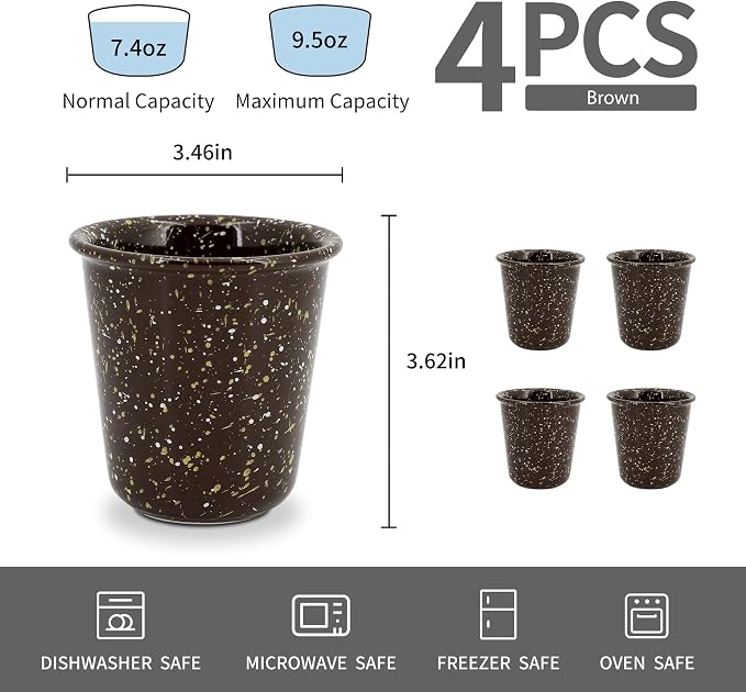 10oz Coffee Mugs Set of 4 for Latte, Cappuccino, Tea & Hot Cocoa, Farmhouse Speckled Handleless Ceramic Coffee Cups, Stackable Drip-Free Lead-Free, Microwave & Dishwasher Safe, Brown