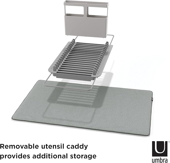 Umbra Udry Dish Rack and Microfiber Drying Mat – Space-Saving Design Folds Up for Easy Storage, Over-Sink Rack, Gray
