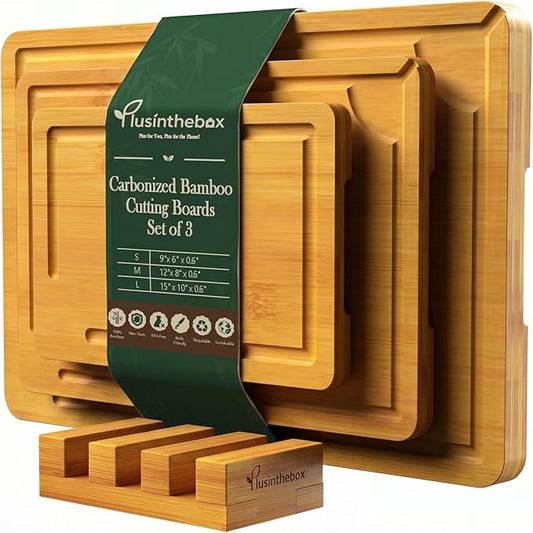 Cutting Boards for Kitchen, Bamboo Cutting Board Set of 3 with Storage Stand, Carbonized Chopping Boards with Deep Juice Grooves and Handles for Meat, Bread, Dough Kneading and Food Prep