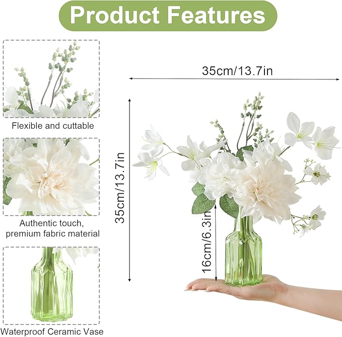 Faux Flowers with Vase,Small Artificial Silk Roses in Vase, Fake Plant Eucalyptus Flower Arrangement for Home Office Decoration, Living Room and Dining Table Centerpiece