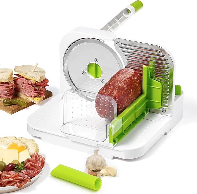 Starfrit Deli Slicer - Slices Meat, Cheese, Bread - 6.5" Stainless Steel Blade - Adjustable Thickness Knob - Nestable for Easy Storage | 2-in-1 Fruit and Vegetable with Bonus Peeler