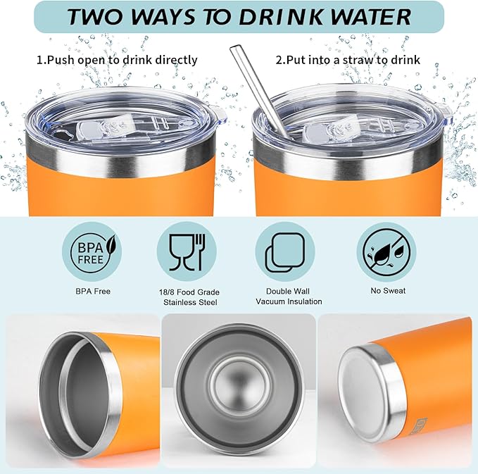 20oz Tumbler with Straw and Brush, Stainless Steel Vacuum Insulated tumbler, Double Wall Insulated Coffee Tumbler for Outdoor, Home, Travel,Office (orange,1pcs)
