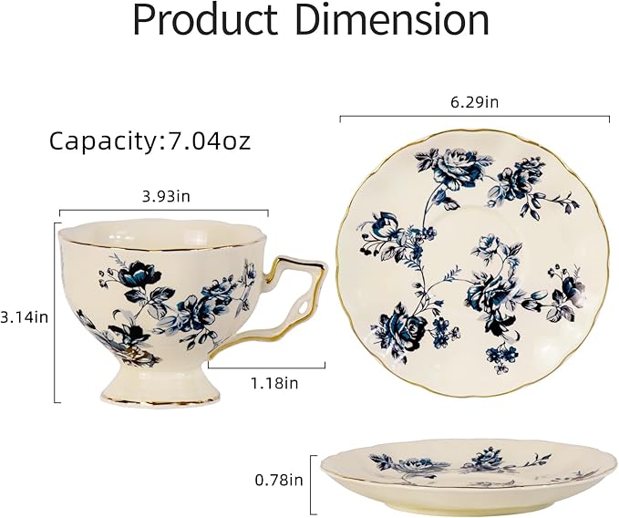 KAMMAK Tea Cups and Saucers Set of 2, Porcelain Coffee Cups, 6.8-Ounce Stackable Espresso Mugs, Ceramic Demitasse for Coffee, Latte, Americano, Tea, Blue Orchid