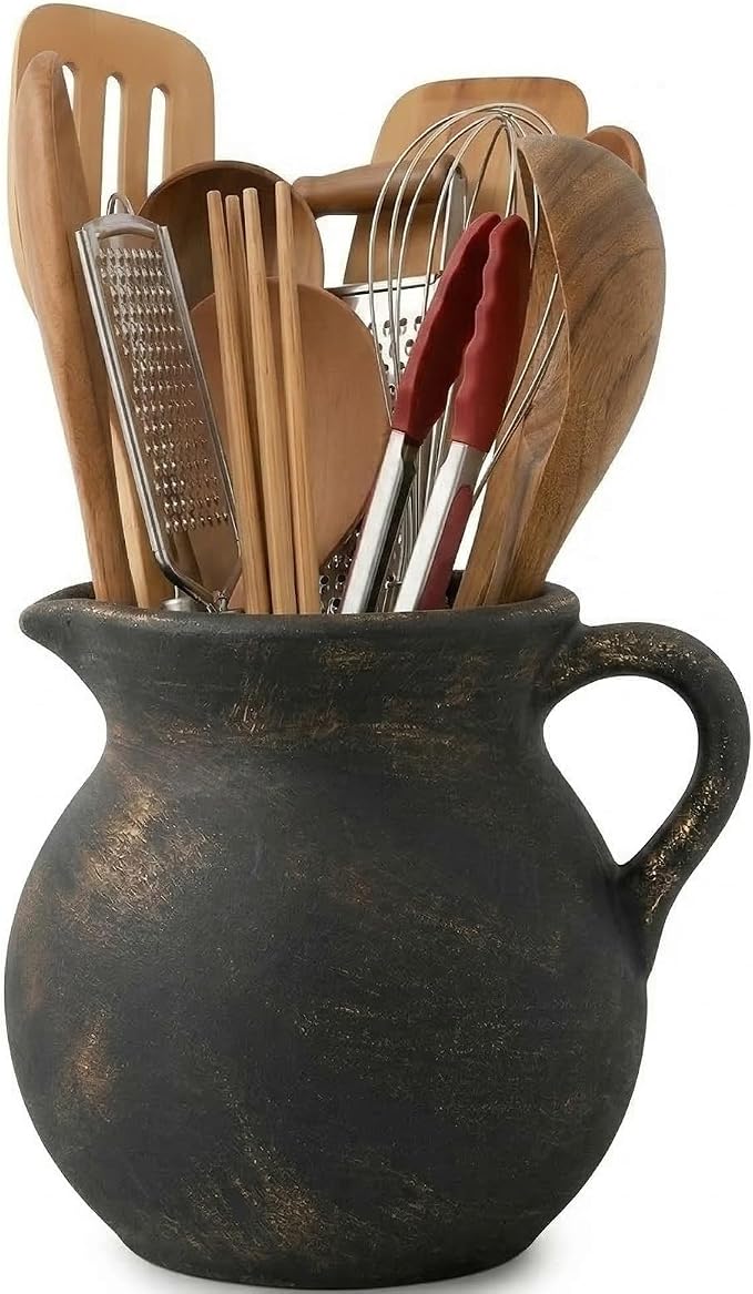 Rustic Kitchen Utensil Holder,7.6 Inch Large Ceramic Utensil Crock for Countertop, Vintage Kitchen Counter Decor,Home Decor,Stunning Ceramic Vase(Black Copper)