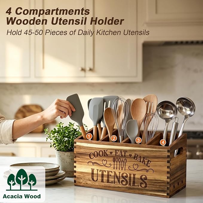 Large Acacia Wooden Utensil Holder for Kitchen Countertop | 4 Compartment Utensils Organizer Kitchen Counter Rustic Farmhouse Utensils Holder for Cooking Tools Storage Spatula Spoon