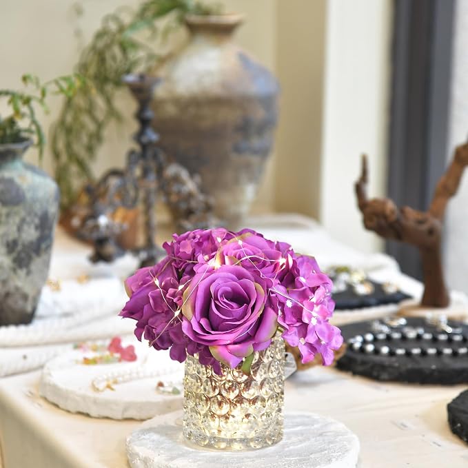 Rose Silk Flower Arrangement Artificial Vivid Rose in Glass Vase with LED Light Elegant Centerpiece for Home Wedding Bathroom Table Shelf Decoration (Purple)