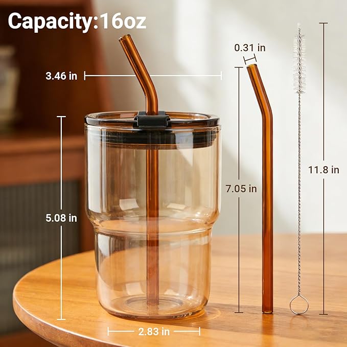 Luxfuel 16 oz Glass Tumbler with Lid & Straw, Reusable Iced Coffee Cup & Smoothie Cup, Leak-Proof Borosilicate Glass for Coffee, Iced Tea, Water – 2 Pack, Ideal for Office, Home & Travel, Iridescent