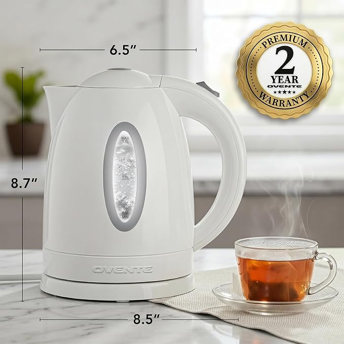 OVENTE Electric Kettle, 1.7L Fast Boiling Water Heater for Coffee or Tea, BPA Free with Water Level Gauge, Auto Shut-Off, Boil-Dry Protection, Indicator Light and Removable Filter, White KP72W