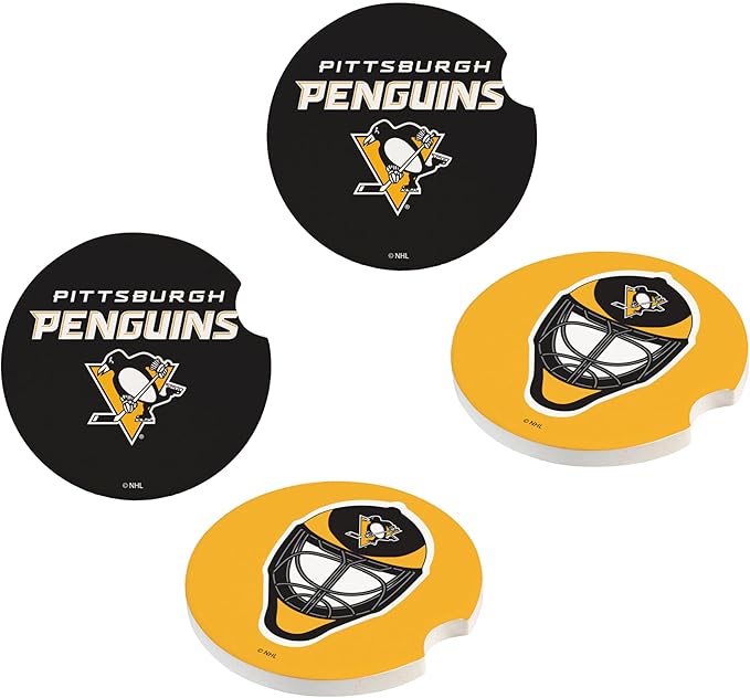 NHL Pittsburgh Penguins Car Coaster Set, 4pcs(2-Pack of 2), Absorbent Ceramic Stone Cup Holder Inserts, Removable Drink Mats for Cars, SUVs, and Trucks, Hockey Auto Accessories