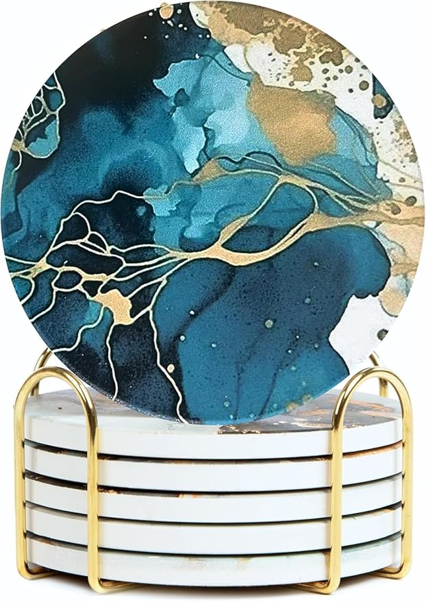 Colorful Ceramic Marble Coasters Set of 6, Cute Moisture Absorbing Coaster, Coffee Table Decor, Stone Absorbent Drink Coasters