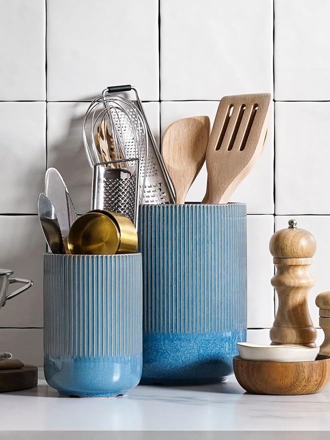 LE TAUCI Utensil Holder for Kitchen Counter, 7.3"+5.4" Fluted Ceramic Utensil Crock Organizer for Countertop, Heavy Large Holder for Spatulas, Spoons, Set of 2, Blue Marble