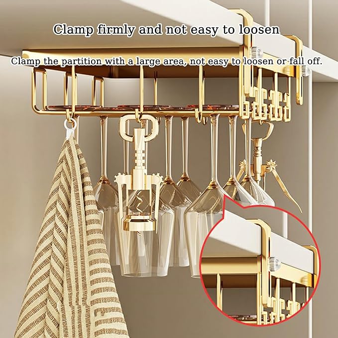 Wine Glass Rack Under Cabinet, Nail Free Wine Glass Holder Under Liquor Shelf, Hanging Adjustable Stemware Storage Drying Hanger Organizer for Kitchen Cabinet Bar(24CM/9.4in), Gold