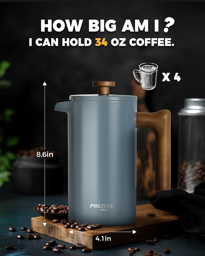 POLIVIAR French Press Coffee Maker, 34 oz Coffee Press with Real Wood Handle, Double Wall Insulation & Dual-Filter Screen, Food Grade Stainless Steel for Good Coffee and Tea (Alpline) | Real Wood Handle Coffee Press, Double Wall Insulation, Dual-Filter...