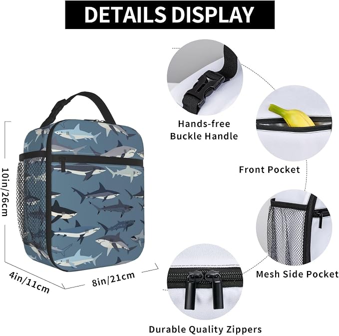 Shark Ocean Themed Portable Lunch Bag, Insulated Lunch Box Reusable Totes for Women Men Adults, Lunchbag for Work Picnic Camping