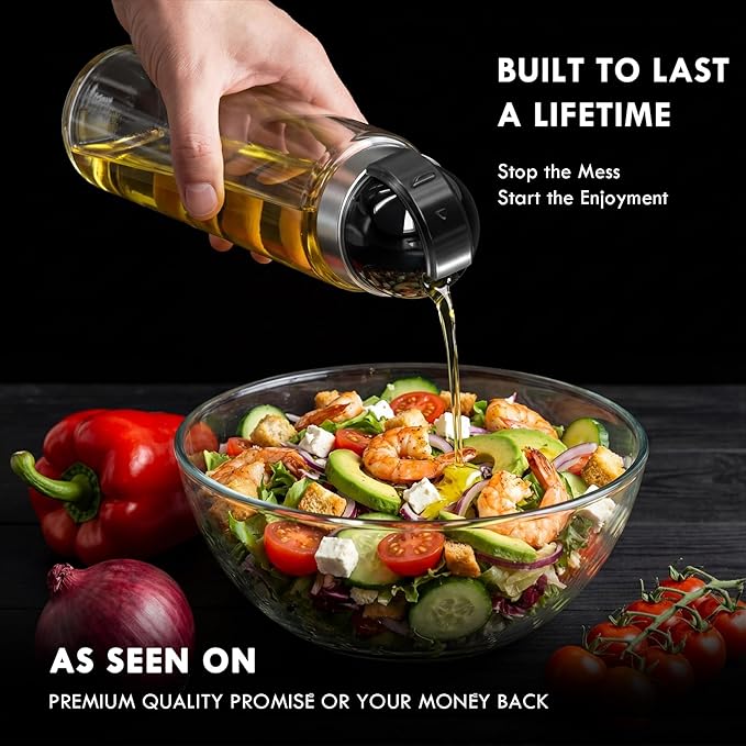 Leakproof Olive Oil Dispenser Bottle with No-Drip Spout - Shatterproof Borosilicate Glass with Dust Cover & Wide Mouth - Heat-Resistant 15oz Oil and Vinegar Cruet for Kitchen, Cooking, Salad Dressing