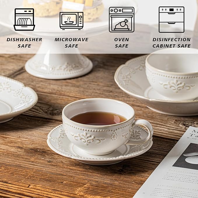 6 oz Cappuccino Cups with Saucers, Suit For House-warming, Ceramic Embossment Coffee Cup for Au Lait, Double shot, Latte, Cafe Mocha, Tea - Set of 4, Arctic white