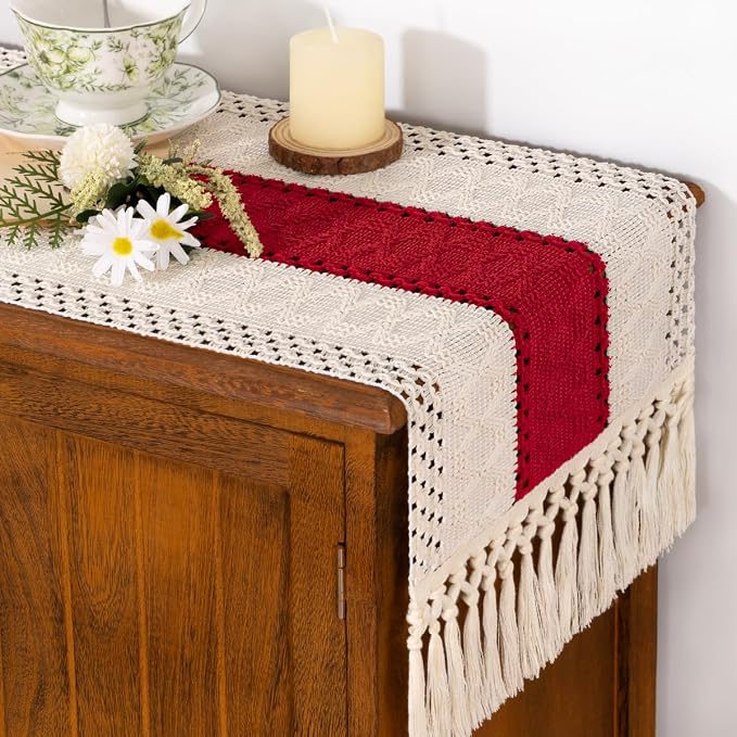 Socomi Boho Table Runner Summer Farmhouse Rustic Dining Kitchen Centerpiece Decor Small Macrame Woven Cotton Linen Coffee Table Runner for Dresser Scarf Home Decor 12x60 in Red Ivory