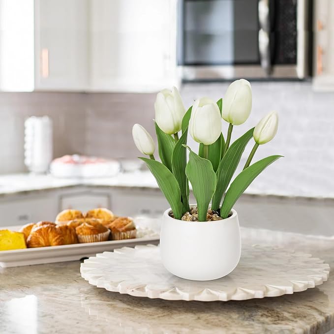 Hollyone White Tulips Artificial Flowers in Vase Fake Tulips Silk Flowers Arrangements Faux Tulip Bulbs with Ceramic Tulip Pot Potted Plants Floral Bouquet for Home Decor Table Centerpiece Decorations