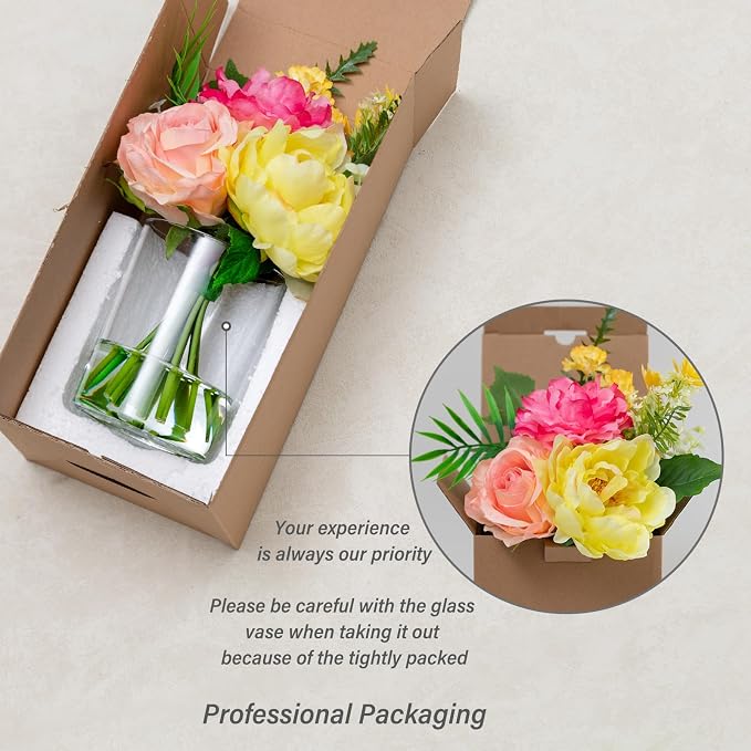 WELL KNOWN Artificial Flowers in Glass Vase, Spring Flowers Silk Rose Peony Bouquet for Home Dining Table, Office, Hotel, Wedding, Party, Lavatory Decor & Birthday Gift (Hot Pink, Coral & Yellow)