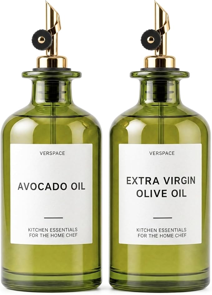 Verspace UV-Protected Green Glass Olive Oil Dispenser Bottles For Kitchen - 2 Pack - 17oz Includes 40 Kitchen Essential Labels, Avocado Oil Dispenser Set, Modern Decor for Home, Airbnb, Cafe