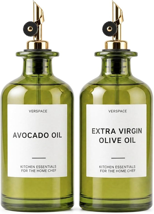 Verspace UV-Protected Green Glass Olive Oil Dispenser Bottles For Kitchen - 2 Pack - 17oz Includes 40 Kitchen Essential Labels, Avocado Oil Dispenser Set, Modern Decor for Home, Airbnb, Cafe