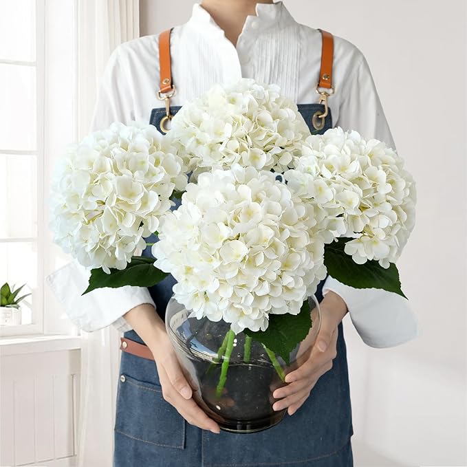 JINWOE White Hydrangea Artificial Flowers, 4Pcs 22" Large Lifelike Faux Silk Flowers, Full Fake Artificial Hydrangeas with Stems for Bouquet Table Centerpieces Home Outdoor
