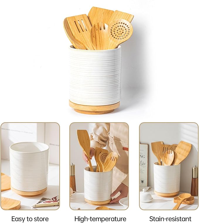 360° Rotating Ceramic Utensil Holder, 7.7" Large Kitchen Utensil Crock with Rotatable Bamboo Base, Countertop Organizer for Spatulas, Spoons & Cooking Tools