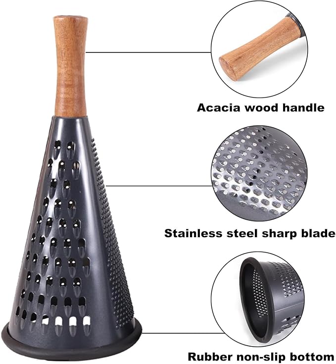 Cone Cheese Grater with Handle Stainless Steel Grater Triple Function Wood Handle Shredder Non-Slip Rubber Bottom Hand Held Multifunction Vegetables Grater Black 4-Size (Size XL:11.8" X 5.1" Black)