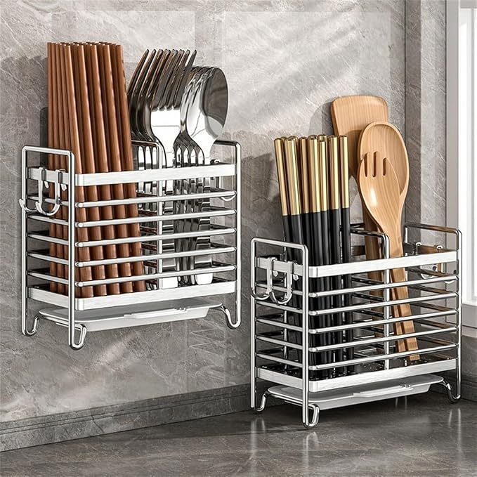 Stainless Steel Wall Mounted Utensil Holder and Countertop Drying Rack with Drain Tray for Kitchen Forks Spoons Chopsticks Silver 3 Compartments(2 Compartments)